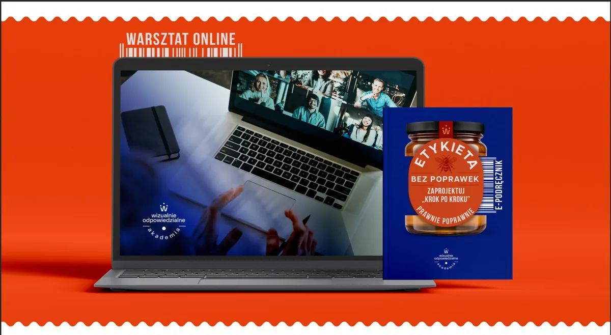 Pakiet podręcznik i warsztaty — laptop z rozmową wideo uczestników warsztatu i okładka e-podręcznika na pomarańczowym tle