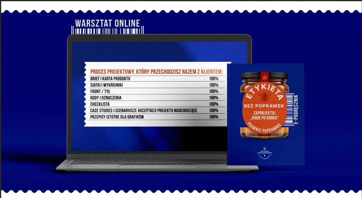 Warsztat online — laptop z listą etapów procesu projektowego etykiety i okładka e-podręcznika na niebieskim tle